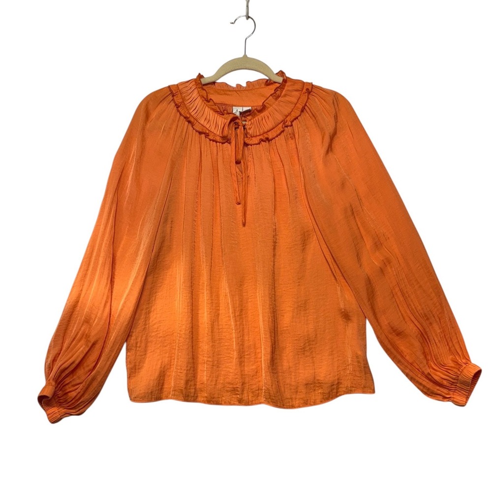 Joie Orange Ruffle Neck Long Sleeve Satin Blouse Pleated Top Medium
